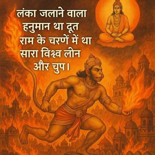 “लंका जलाने वाला हनुमान था दूत, राम के चरणों में था सारा विश्व लीन और चुप।”